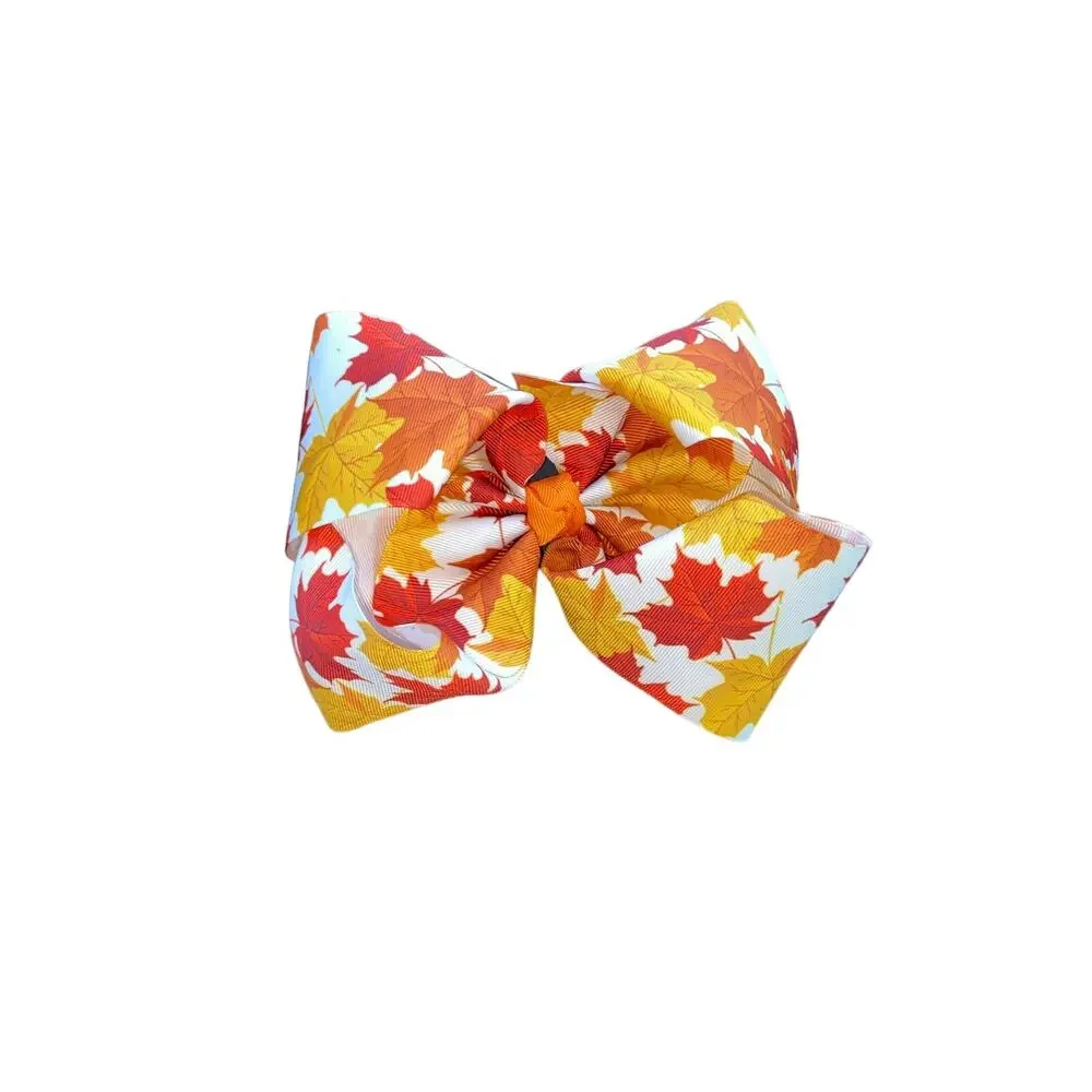 Autumn Princess Girly Orange Red & White Fall Leaves Clip Thanksgiving Hair Bow